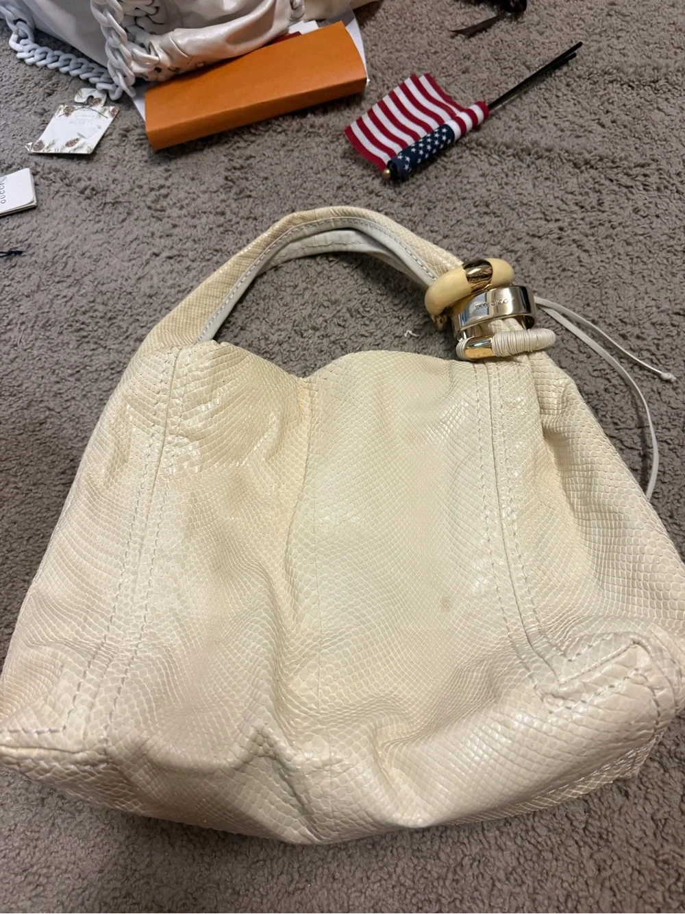 Jimmy Choo Sobo  Cream Textured Hobo with Ring Hardware